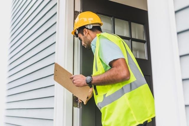 Person wearing a hard hat and safety vest holding a clipboard while inspecting the
hinges of a door